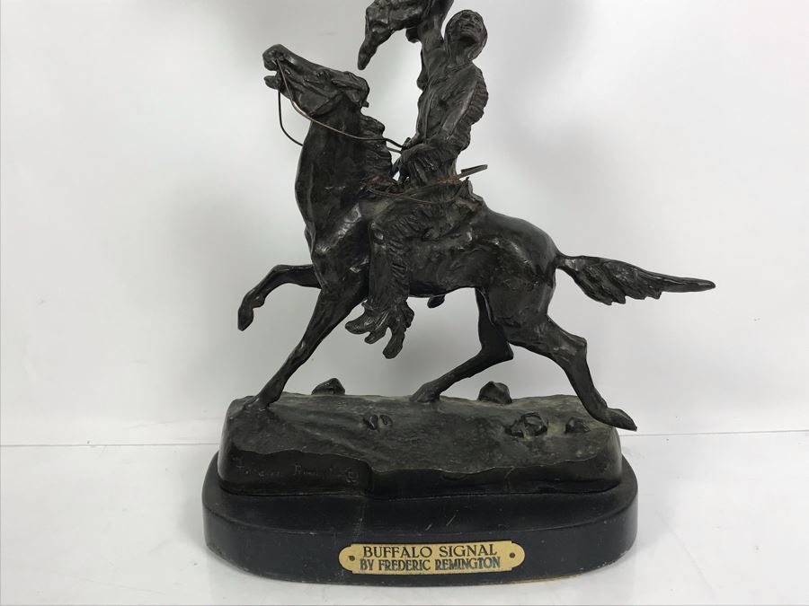 Vintage Frederic Remington Bronze Sculpture Titled 'Buffalo Signal' With Marble Base 15'H [Photo 3]