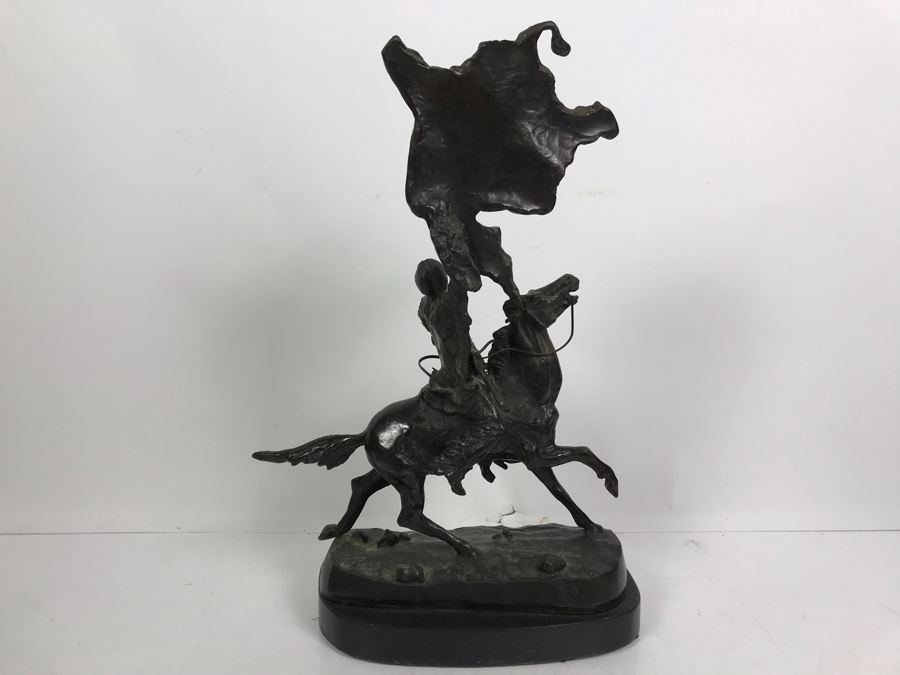 Vintage Frederic Remington Bronze Sculpture Titled 'Buffalo Signal' With Marble Base 15'H [Photo 15]