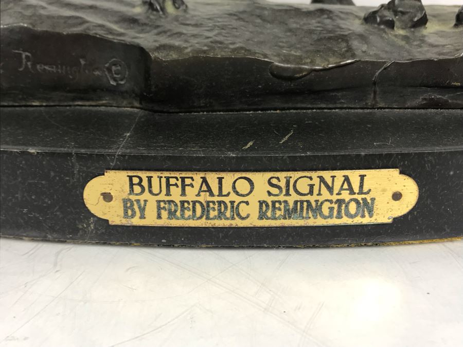 Vintage Frederic Remington Bronze Sculpture Titled 'Buffalo Signal' With Marble Base 15'H [Photo 4]