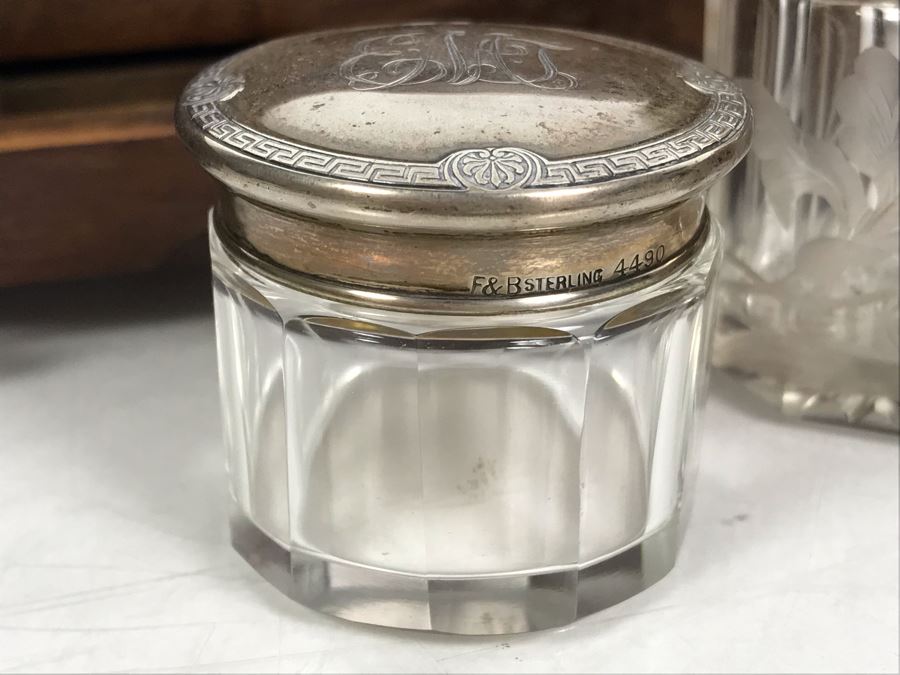 Antique Wooden Tea Box (Top), Antique Wooden Walnut Lock Box (Bottom) And (3) Glass Bottles With Sterling Silver Lids 20g+ Sterling Silver [Photo 9]