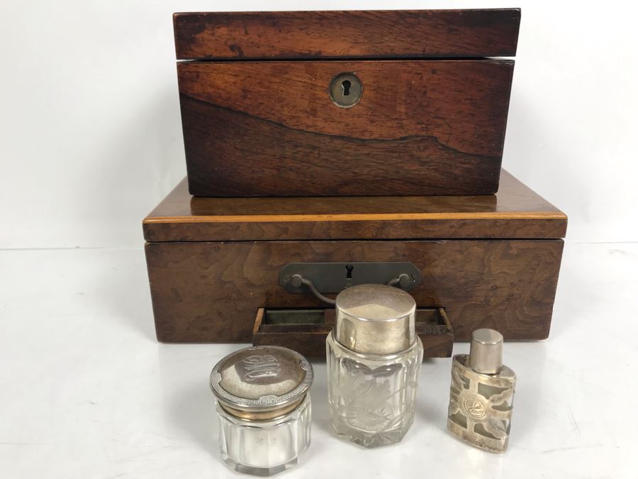 Antique Wooden Tea Box (Top), Antique Wooden Walnut Lock Box (Bottom) And (3) Glass Bottles With Sterling Silver Lids 20g+ Sterling Silver [Photo 4]