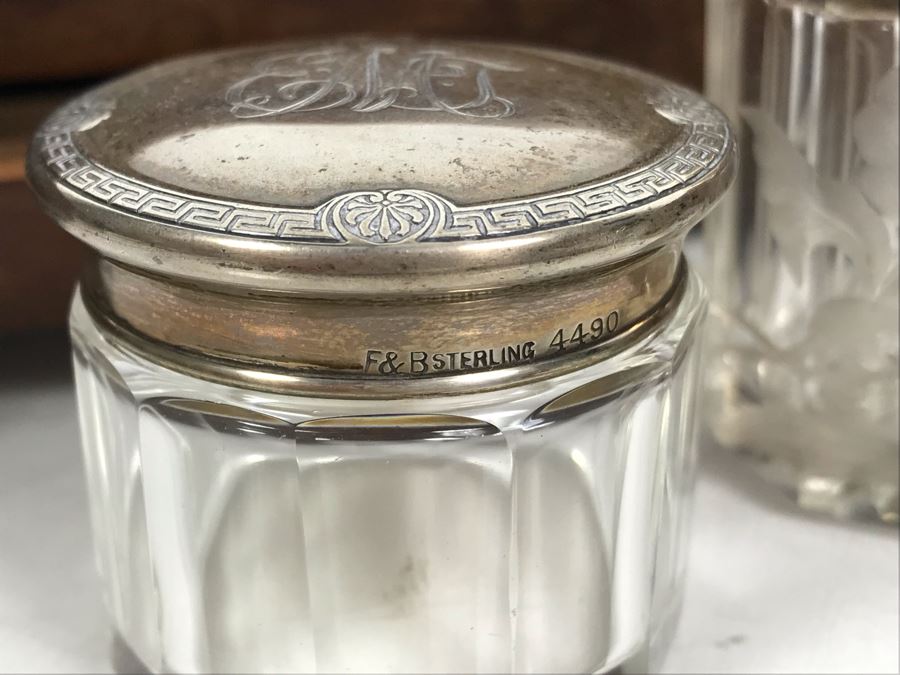Antique Wooden Tea Box (Top), Antique Wooden Walnut Lock Box (Bottom) And (3) Glass Bottles With Sterling Silver Lids 20g+ Sterling Silver [Photo 8]