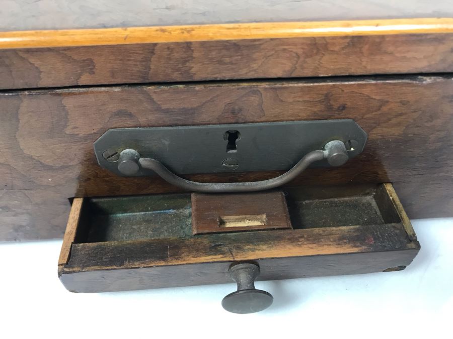 Antique Wooden Tea Box (Top), Antique Wooden Walnut Lock Box (Bottom) And (3) Glass Bottles With Sterling Silver Lids 20g+ Sterling Silver [Photo 21]
