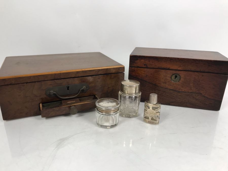 Antique Wooden Tea Box (Top), Antique Wooden Walnut Lock Box (Bottom) And (3) Glass Bottles With Sterling Silver Lids 20g+ Sterling Silver [Photo 6]