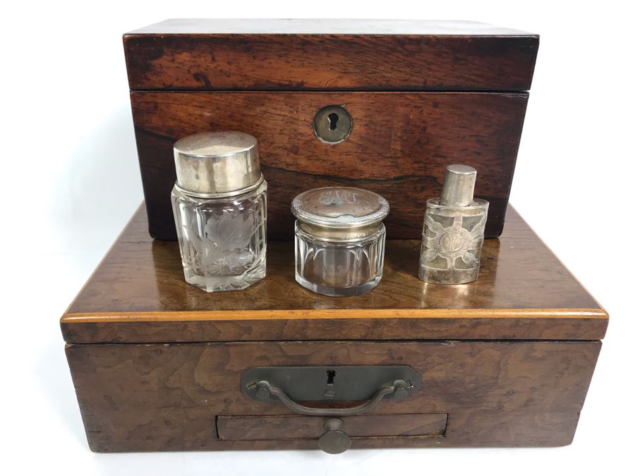 Antique Wooden Tea Box (Top), Antique Wooden Walnut Lock Box (Bottom) And (3) Glass Bottles With Sterling Silver Lids 20g+ Sterling Silver [Photo 1]