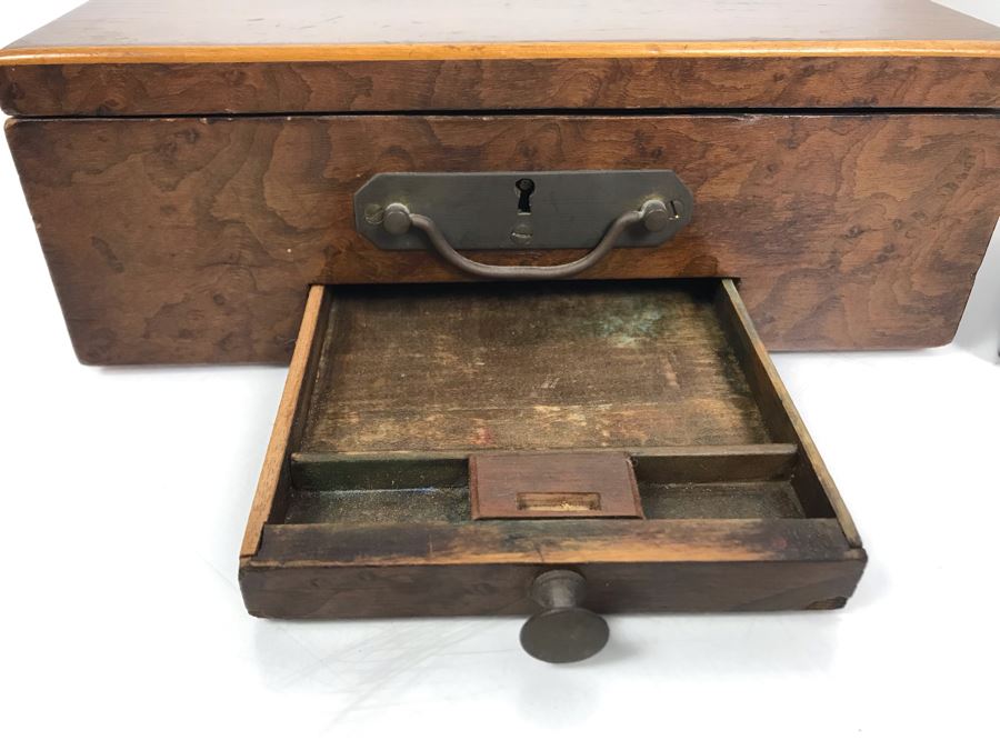 Antique Wooden Tea Box (Top), Antique Wooden Walnut Lock Box (Bottom) And (3) Glass Bottles With Sterling Silver Lids 20g+ Sterling Silver [Photo 22]