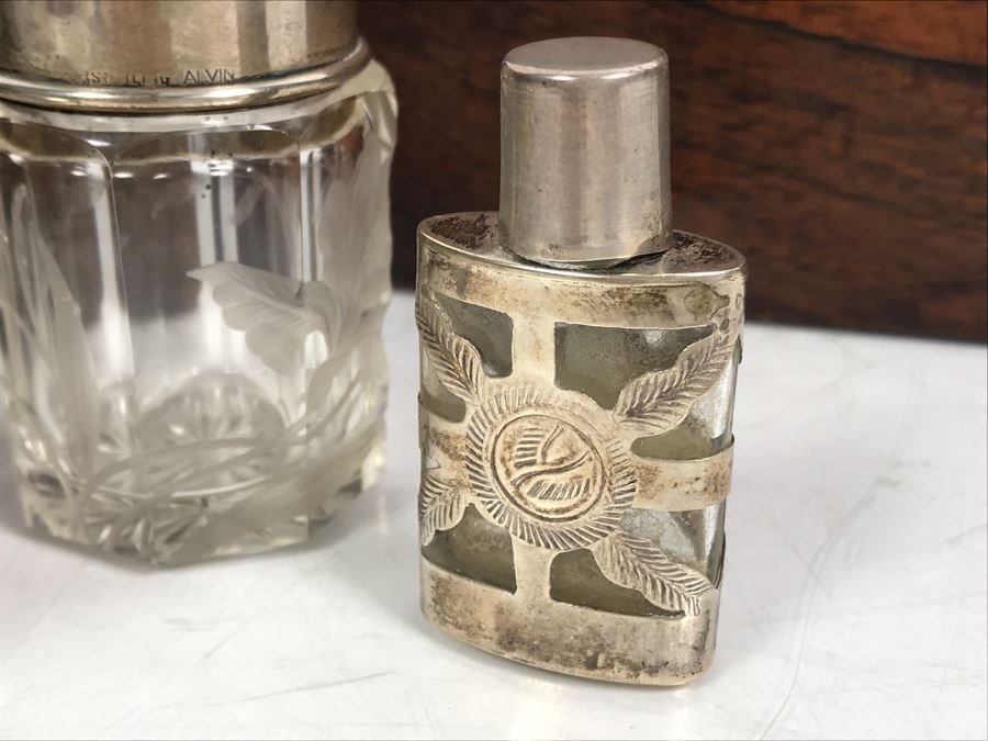Antique Wooden Tea Box (Top), Antique Wooden Walnut Lock Box (Bottom) And (3) Glass Bottles With Sterling Silver Lids 20g+ Sterling Silver [Photo 14]