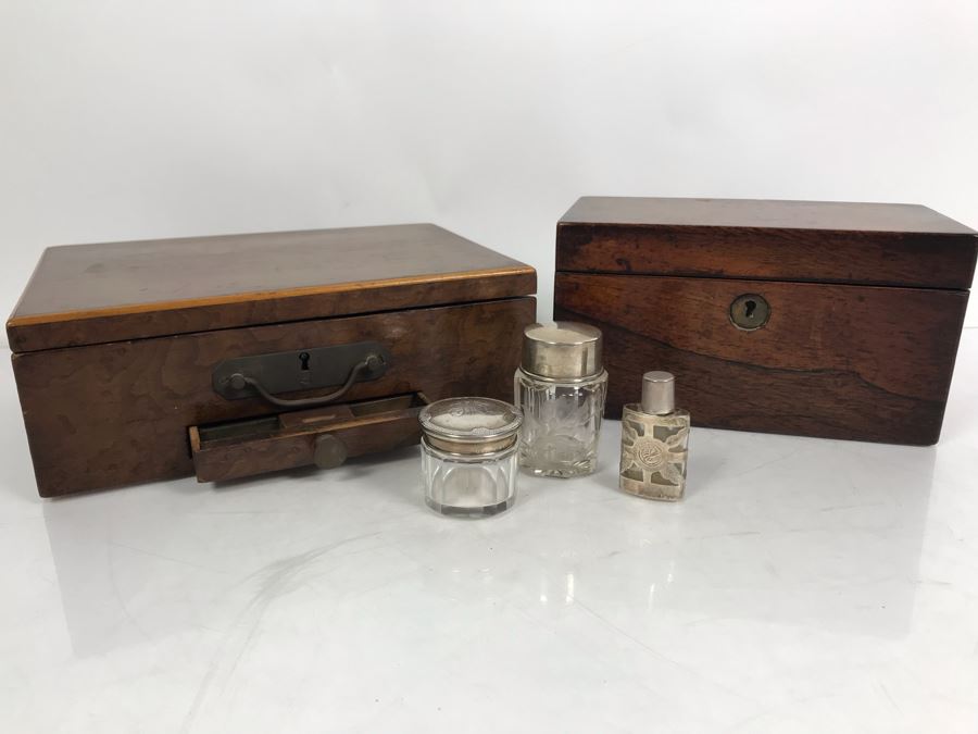 Antique Wooden Tea Box (Top), Antique Wooden Walnut Lock Box (Bottom) And (3) Glass Bottles With Sterling Silver Lids 20g+ Sterling Silver [Photo 5]