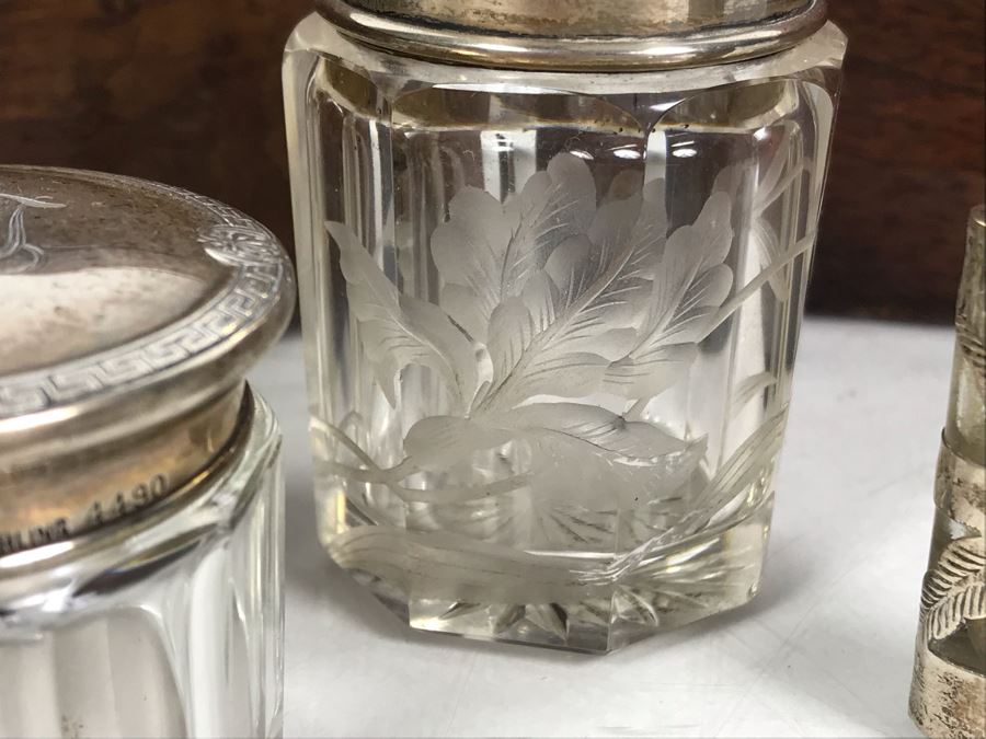 Antique Wooden Tea Box (Top), Antique Wooden Walnut Lock Box (Bottom) And (3) Glass Bottles With Sterling Silver Lids 20g+ Sterling Silver [Photo 12]