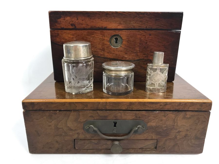 Antique Wooden Tea Box (Top), Antique Wooden Walnut Lock Box (Bottom) And (3) Glass Bottles With Sterling Silver Lids 20g+ Sterling Silver [Photo 2]