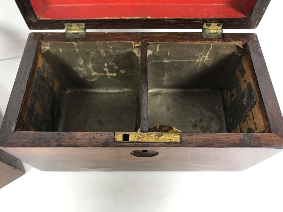 Antique Wooden Tea Box (Top), Antique Wooden Walnut Lock Box (Bottom) And (3) Glass Bottles With Sterling Silver Lids 20g+ Sterling Silver [Photo 19]