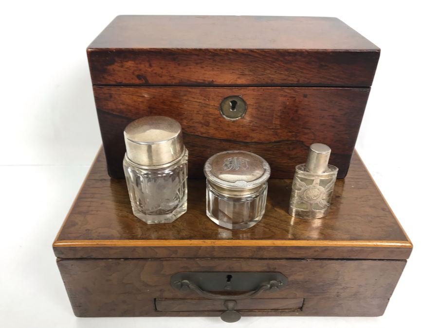 Antique Wooden Tea Box (Top), Antique Wooden Walnut Lock Box (Bottom