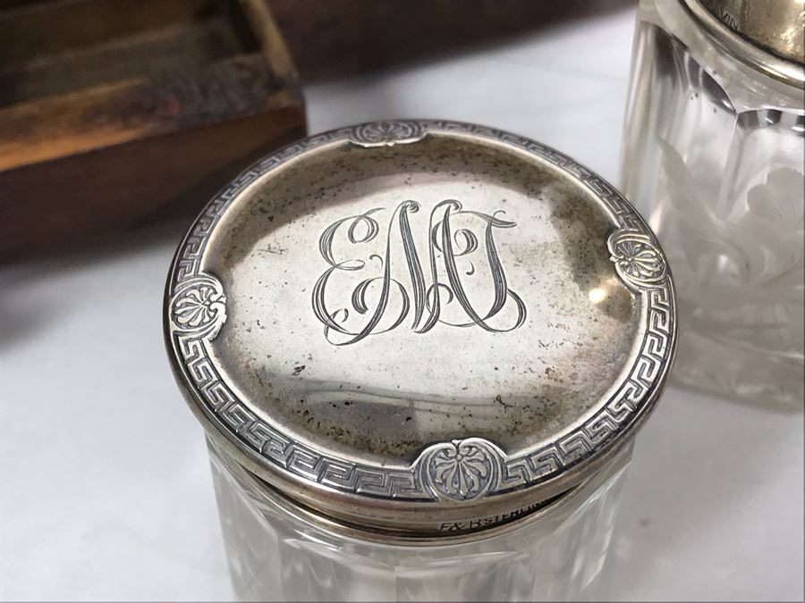 Antique Wooden Tea Box (Top), Antique Wooden Walnut Lock Box (Bottom) And (3) Glass Bottles With Sterling Silver Lids 20g+ Sterling Silver [Photo 10]