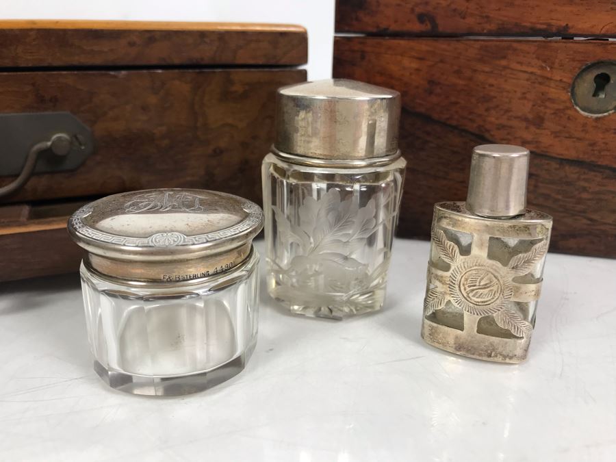 Antique Wooden Tea Box (Top), Antique Wooden Walnut Lock Box (Bottom) And (3) Glass Bottles With Sterling Silver Lids 20g+ Sterling Silver [Photo 7]
