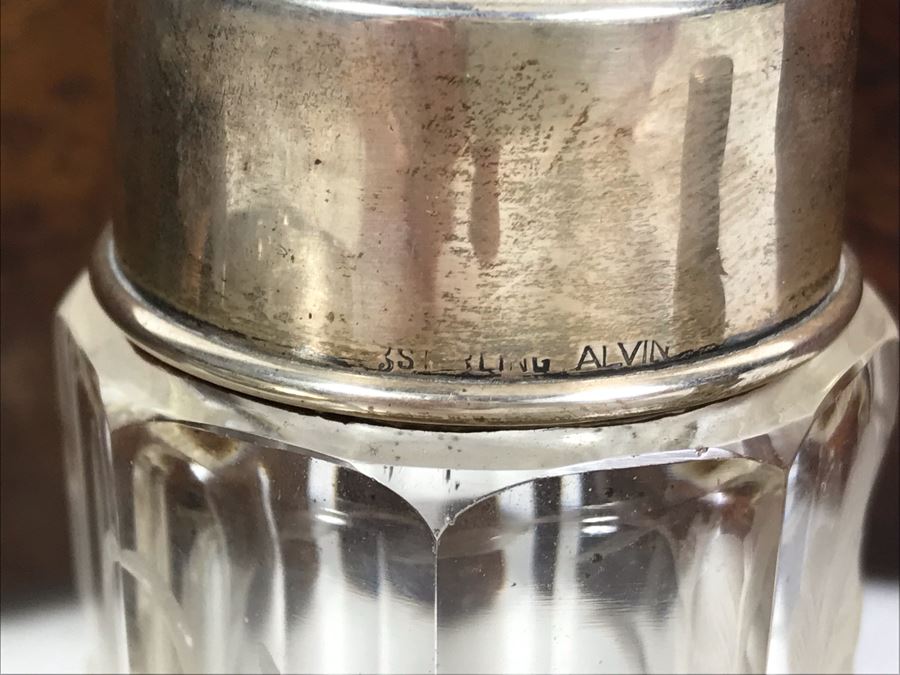 Antique Wooden Tea Box (Top), Antique Wooden Walnut Lock Box (Bottom) And (3) Glass Bottles With Sterling Silver Lids 20g+ Sterling Silver [Photo 13]