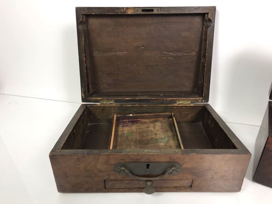 Antique Wooden Tea Box (Top), Antique Wooden Walnut Lock Box (Bottom) And (3) Glass Bottles With Sterling Silver Lids 20g+ Sterling Silver [Photo 23]