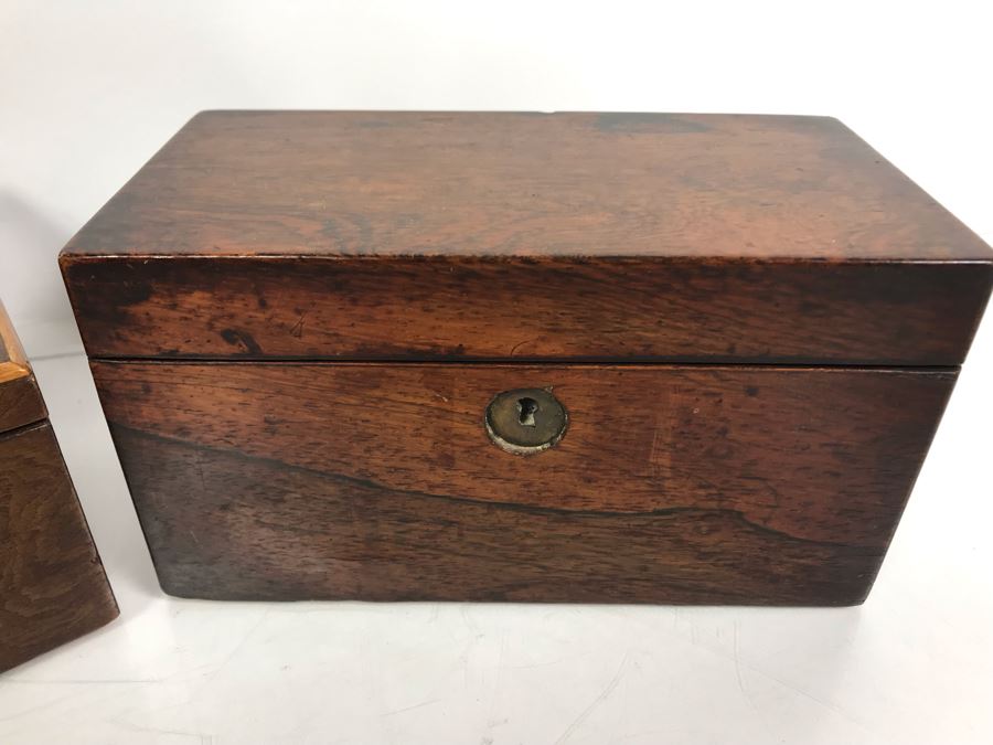 Antique Wooden Tea Box (Top), Antique Wooden Walnut Lock Box (Bottom) And (3) Glass Bottles With Sterling Silver Lids 20g+ Sterling Silver [Photo 17]