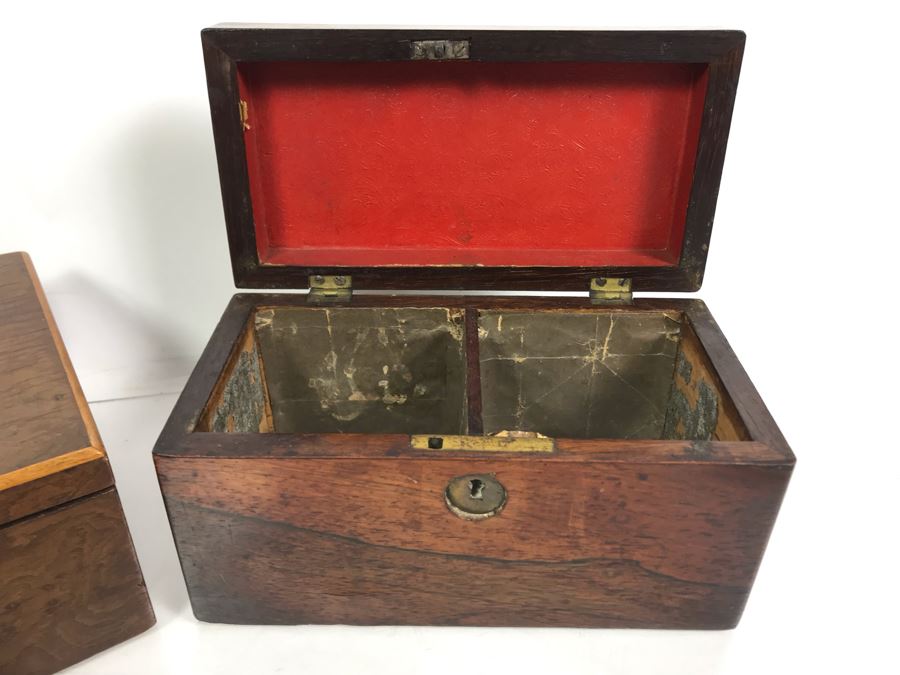 Antique Wooden Tea Box (Top), Antique Wooden Walnut Lock Box (Bottom) And (3) Glass Bottles With Sterling Silver Lids 20g+ Sterling Silver [Photo 18]