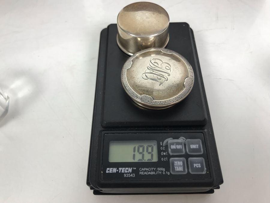 Antique Wooden Tea Box (Top), Antique Wooden Walnut Lock Box (Bottom) And (3) Glass Bottles With Sterling Silver Lids 20g+ Sterling Silver [Photo 27]