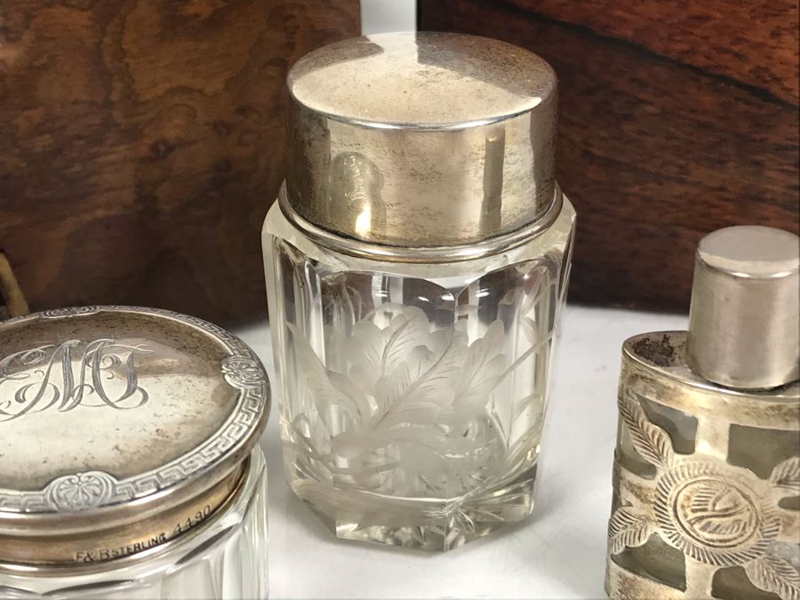 Antique Wooden Tea Box (Top), Antique Wooden Walnut Lock Box (Bottom) And (3) Glass Bottles With Sterling Silver Lids 20g+ Sterling Silver [Photo 11]