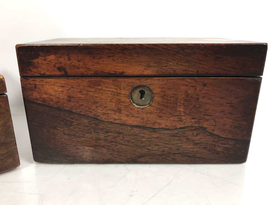 Antique Wooden Tea Box (Top), Antique Wooden Walnut Lock Box (Bottom) And (3) Glass Bottles With Sterling Silver Lids 20g+ Sterling Silver [Photo 16]