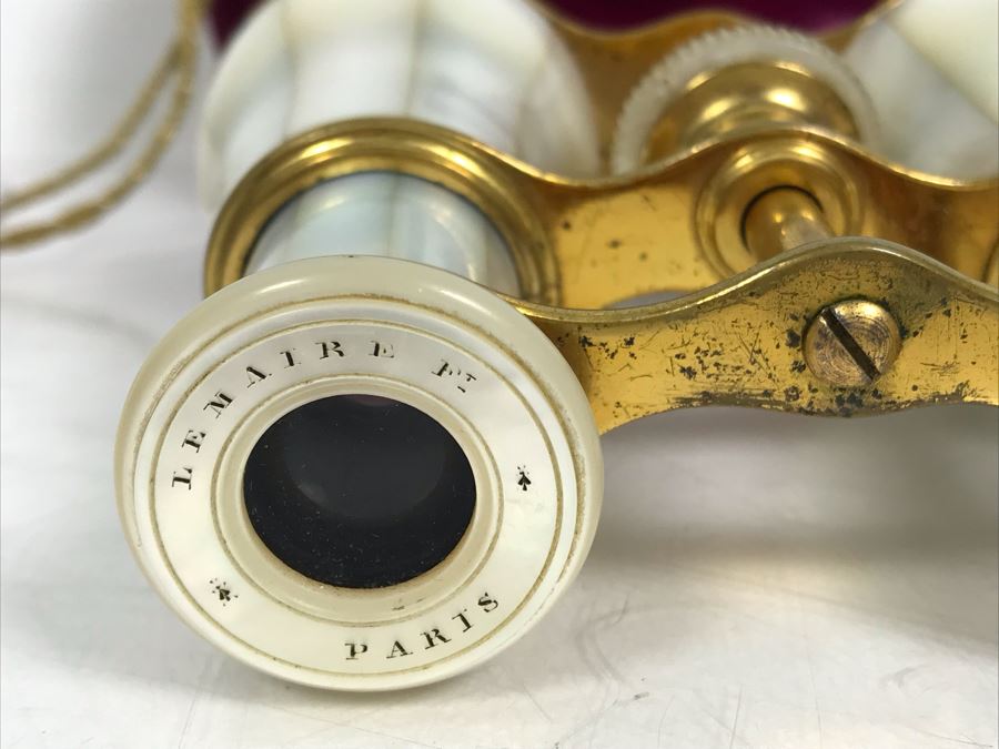Antique Mother Of Pearl And Brass Lemaire Paris Binoculars Opera Glasses With Storage Pouch [Photo 5]