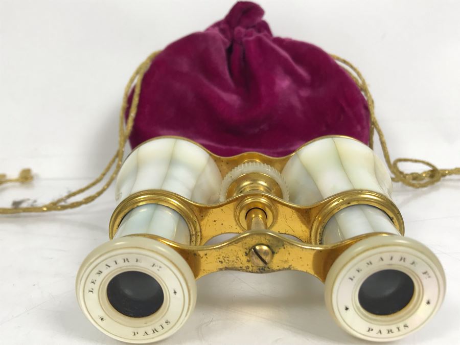 Antique Mother Of Pearl And Brass Lemaire Paris Binoculars Opera Glasses With Storage Pouch [Photo 2]