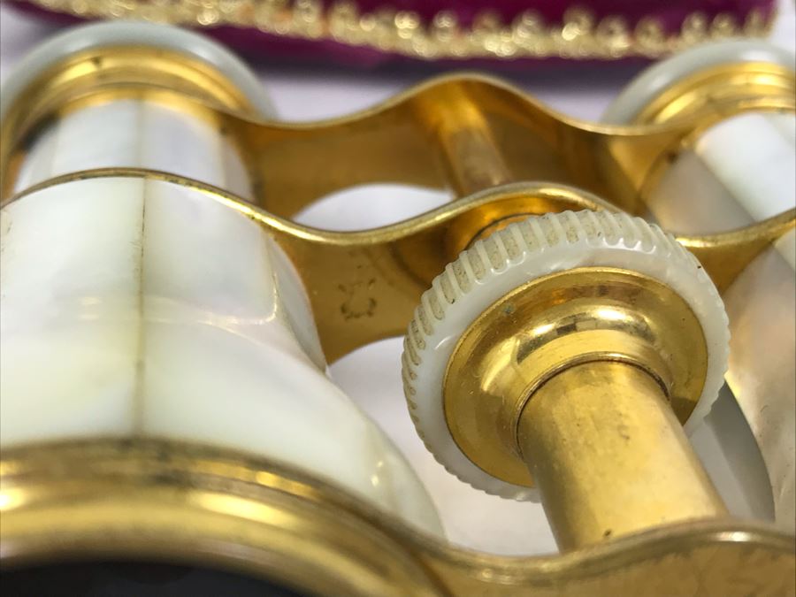 Antique Mother Of Pearl And Brass Lemaire Paris Binoculars Opera Glasses With Storage Pouch [Photo 9]
