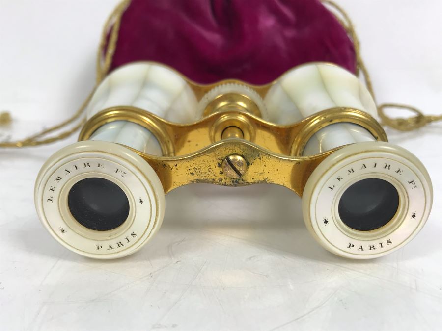 Antique Mother Of Pearl And Brass Lemaire Paris Binoculars Opera Glasses With Storage Pouch [Photo 3]