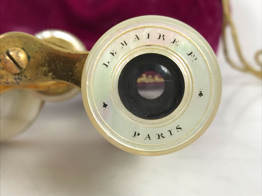 Antique Mother Of Pearl And Brass Lemaire Paris Binoculars Opera Glasses With Storage Pouch [Photo 11]