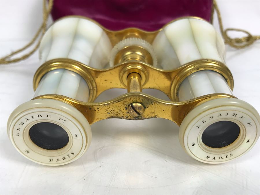 Antique Mother Of Pearl And Brass Lemaire Paris Binoculars Opera Glasses With Storage Pouch [Photo 1]