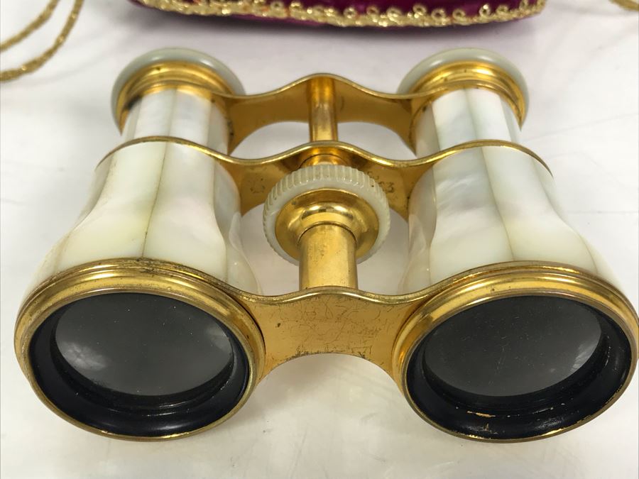 Antique Mother Of Pearl And Brass Lemaire Paris Binoculars Opera Glasses With Storage Pouch [Photo 8]