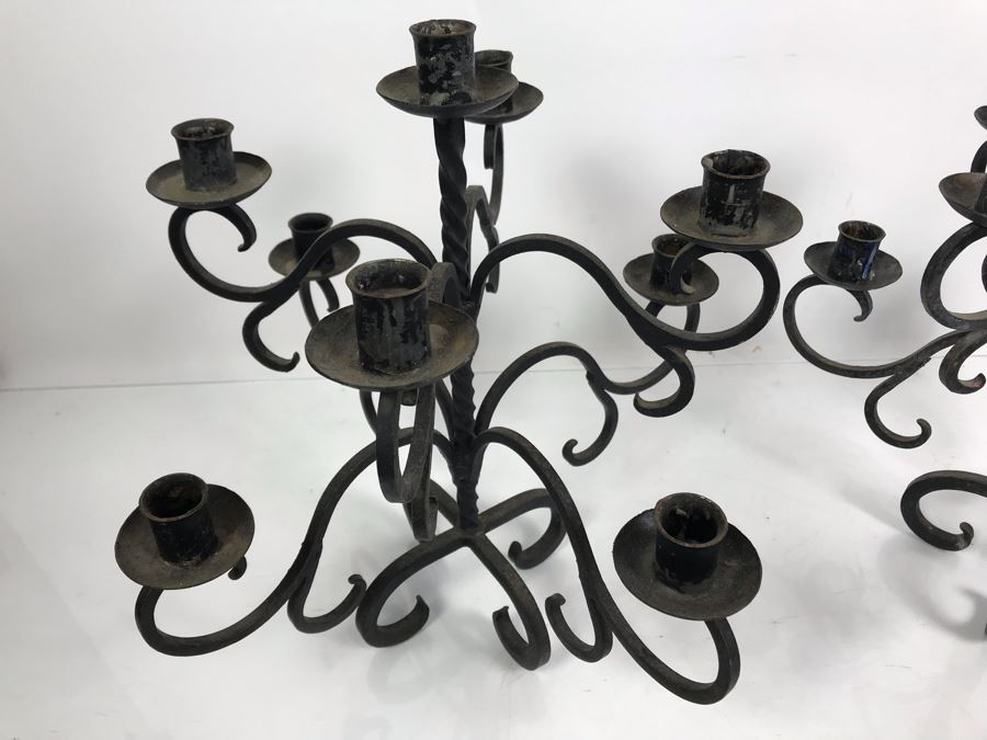 Vintage Pair Of Black Wrought Iron 9-Arm Candelabras [Photo 4]
