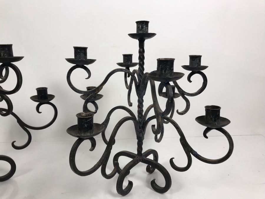 Vintage Pair Of Black Wrought Iron 9-Arm Candelabras [Photo 2]