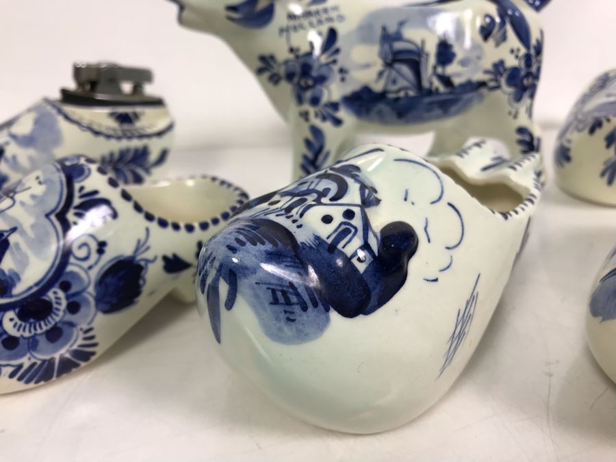 Delfts Blue Holland Pottery Lot: Includes (3) Clog Shoe Ashtrays, (1) Clog Shoe, (1) Clog Shoe Lighter And (1) Cow Creamer [Photo 5]