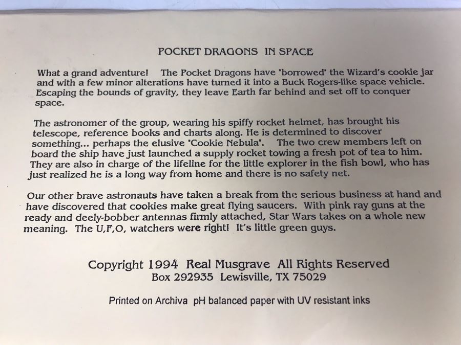 1994 Limited Edition Hand Signed By Real Musgrave Print Titled 'Pocket Dragons In Space' - Original Sketch Of Pocket Dragon On Picture Mat - See Photos [Photo 9]