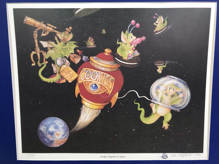 1994 Limited Edition Hand Signed By Real Musgrave Print Titled 'Pocket Dragons In Space' - Original Sketch Of Pocket Dragon On Picture Mat - See Photos [Photo 3]