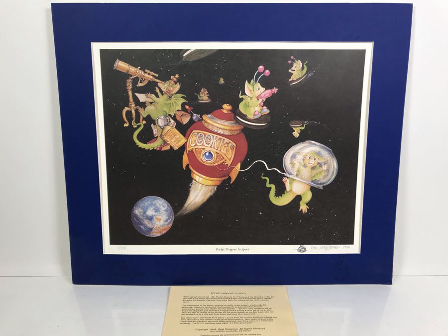 1994 Limited Edition Hand Signed By Real Musgrave Print Titled 'Pocket Dragons In Space' - Original Sketch Of Pocket Dragon On Picture Mat - See Photos