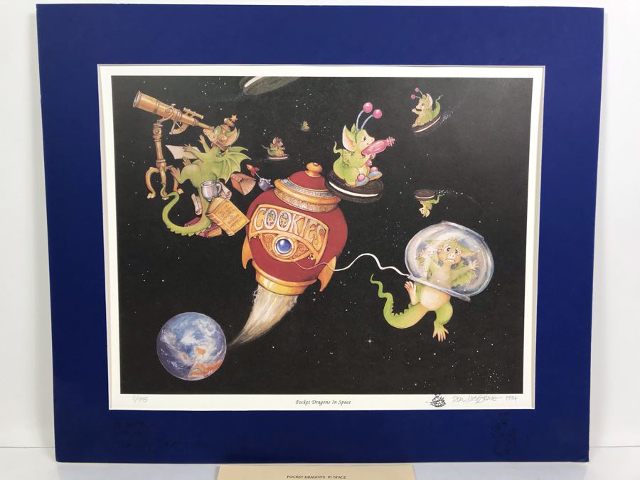 1994 Limited Edition Hand Signed By Real Musgrave Print Titled 'Pocket Dragons In Space' - Original Sketch Of Pocket Dragon On Picture Mat - See Photos [Photo 2]