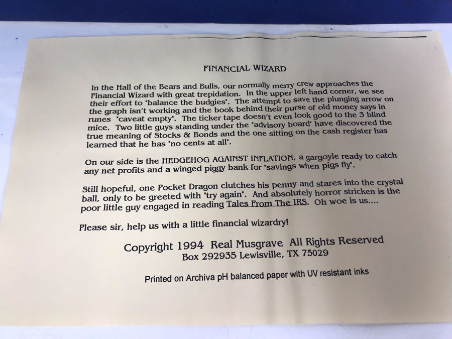 1994 Limited Edition Hand Signed By Real Musgrave Print Titled 'Financial Wizard' - Original Sketch Of Pocket Dragon On Picture Mat 20' X 24' - See Photos [Photo 12]