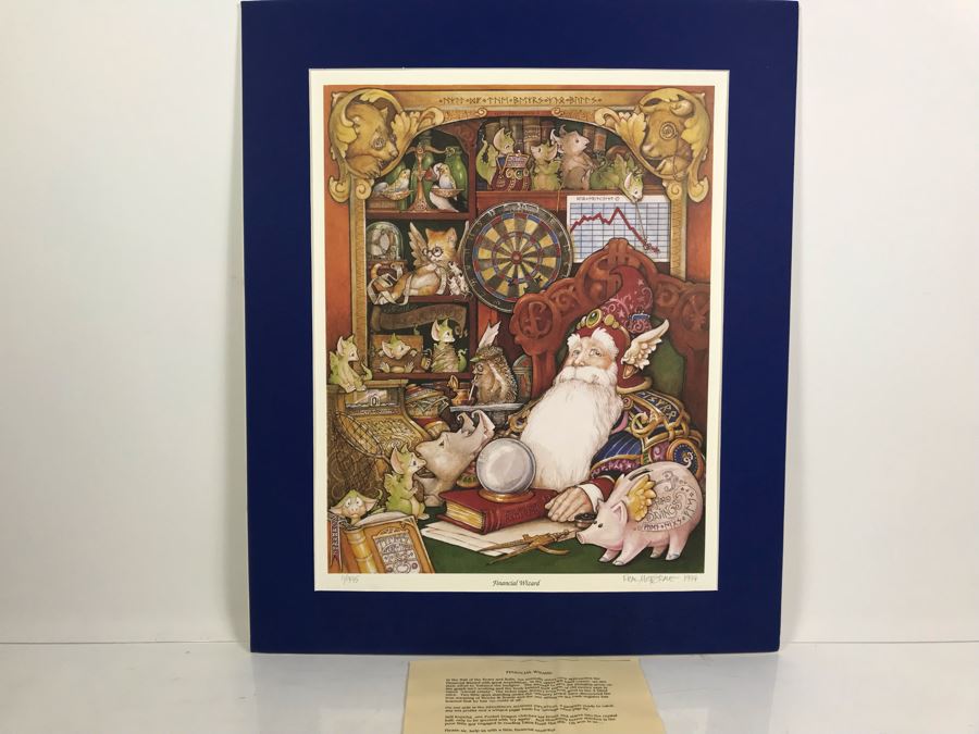 1994 Limited Edition Hand Signed By Real Musgrave Print Titled 'Financial Wizard' - Original Sketch Of Pocket Dragon On Picture Mat 20' X 24' - See Photos