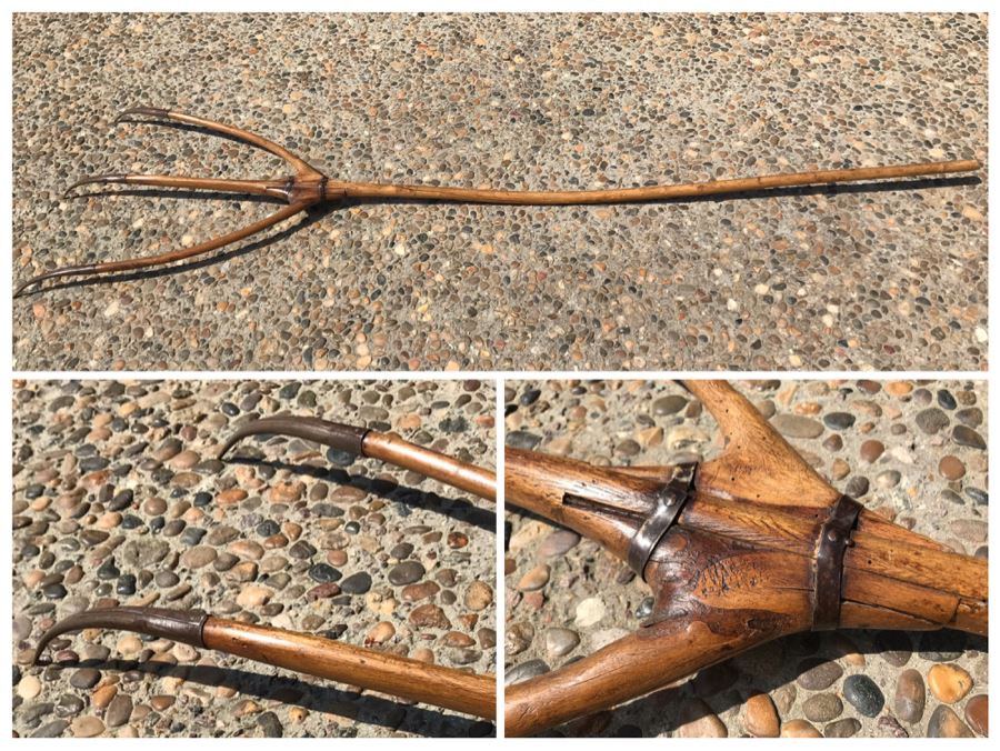 Antique Primitive Wooden Farm Tool Rake Tiller With Metal Claws 88'L