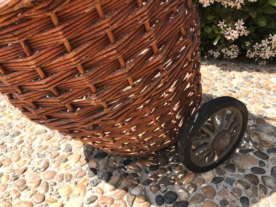 Vintage Wicker Basket Cart With Wheels And Cane Handle 39'H [Photo 5]