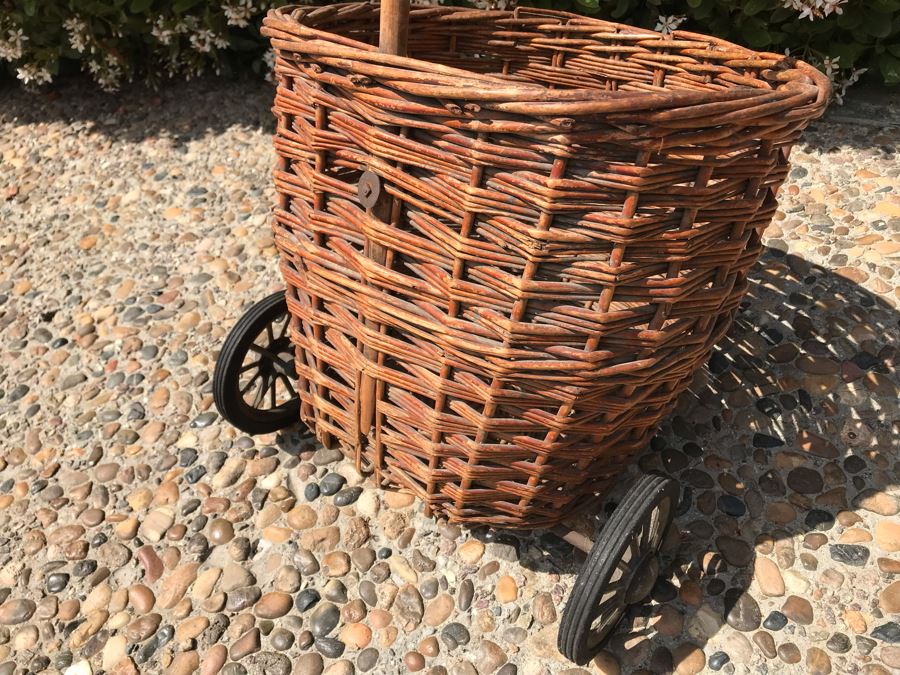 Vintage Wicker Basket Cart With Wheels And Cane Handle 39'H [Photo 7]