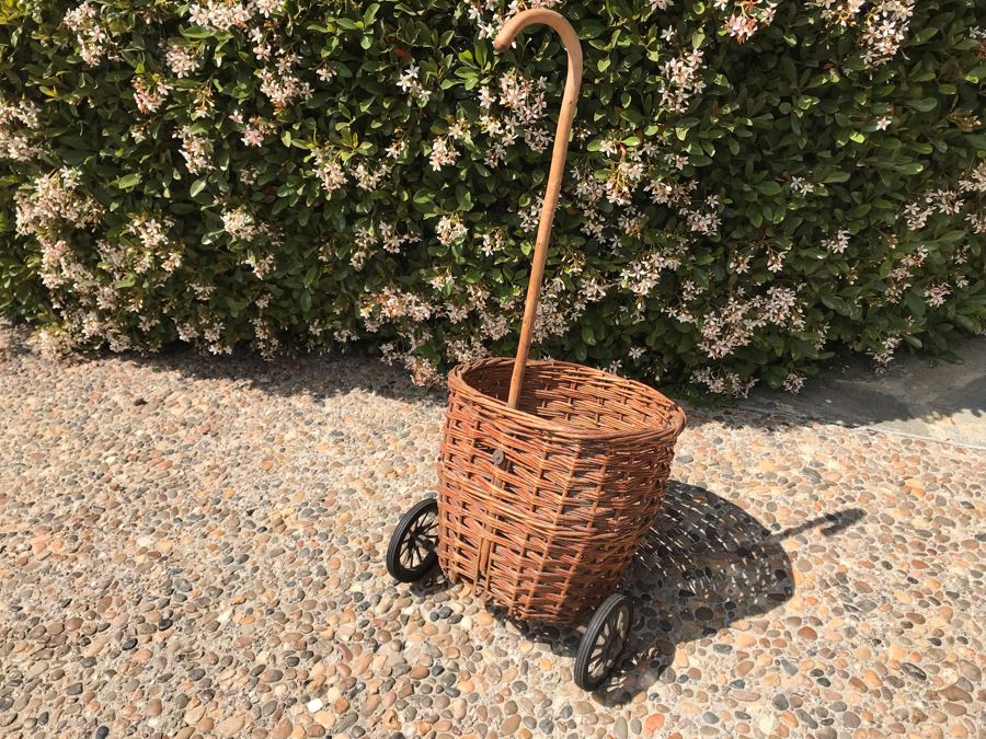 Vintage Wicker Basket Cart With Wheels And Cane Handle 39'H [Photo 1]