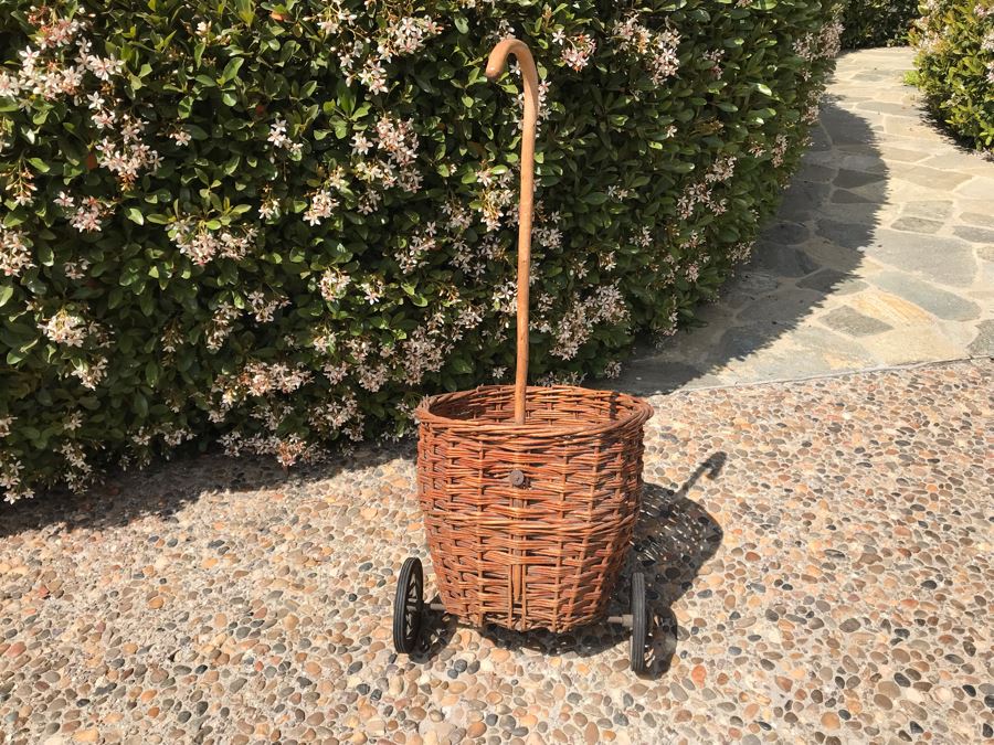 Vintage Wicker Basket Cart With Wheels And Cane Handle 39'H [Photo 6]