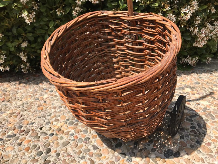 Vintage Wicker Basket Cart With Wheels And Cane Handle 39'H [Photo 3]