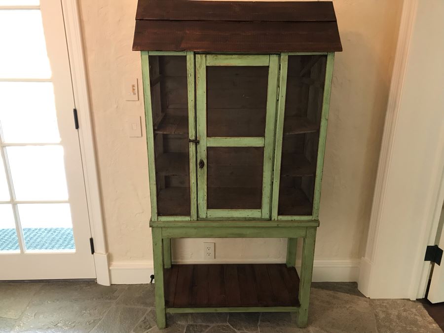 Shabby Chic Vintage Chicken Coop Birdcage Cabinet With Lower Table And Lockable Door Light Lime Green 64'H X 34'W X 16.5'D