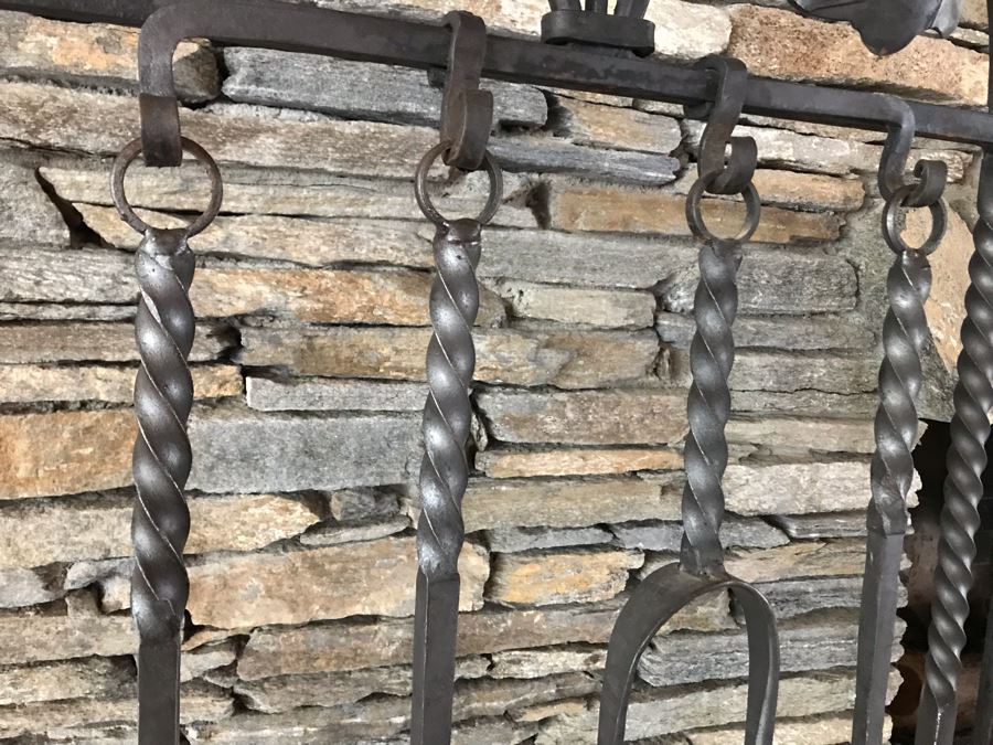 Antique Wrought Iron Fireplace Tools With Stand And Antique Fireplace Andirons [Photo 11]