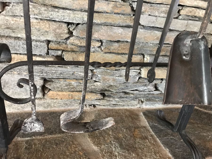 Antique Wrought Iron Fireplace Tools With Stand And Antique Fireplace Andirons [Photo 12]